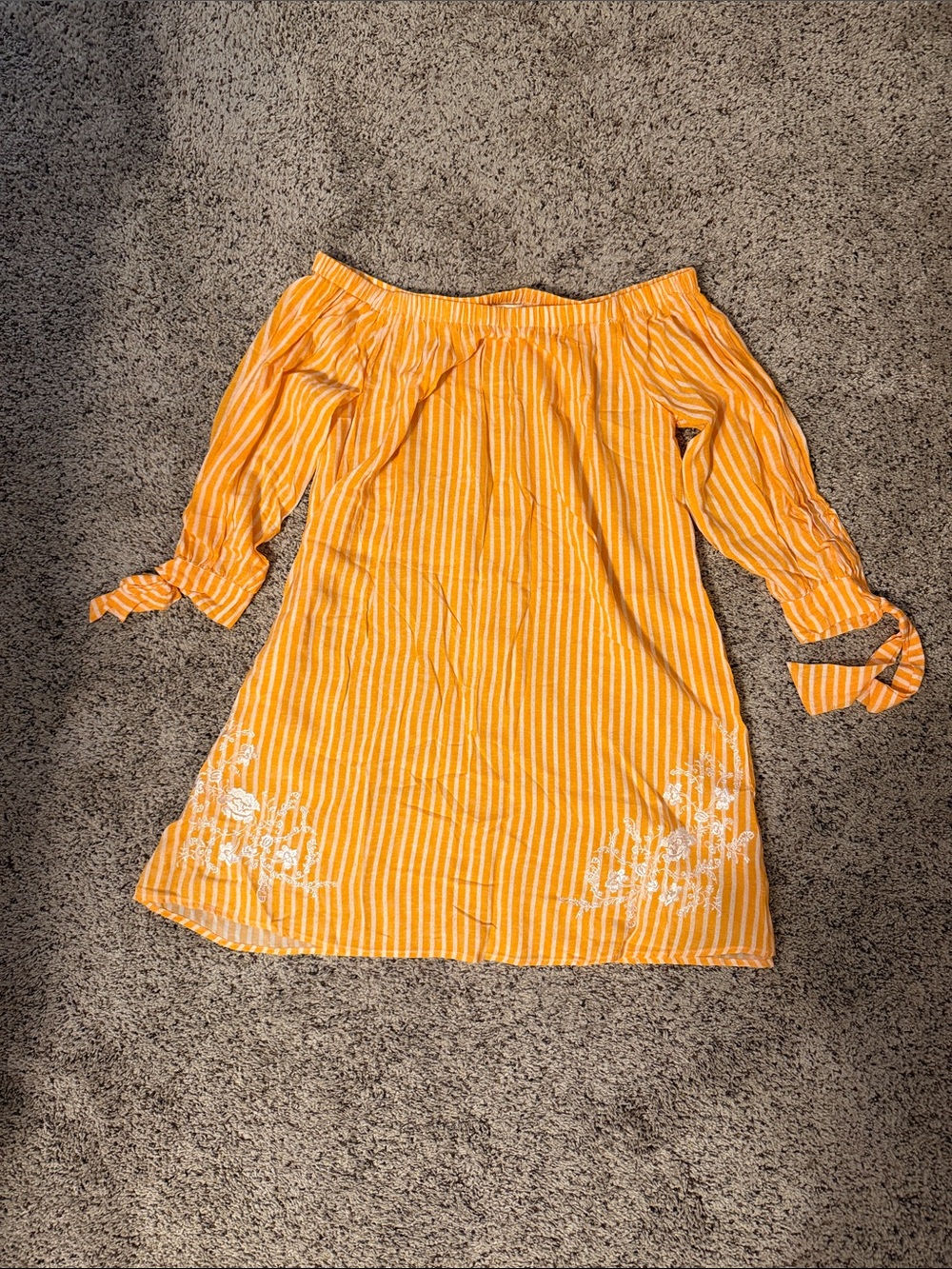 Jessica Simpson Yellow Striped Off-Shoulder Dress with White Floral Embroidery